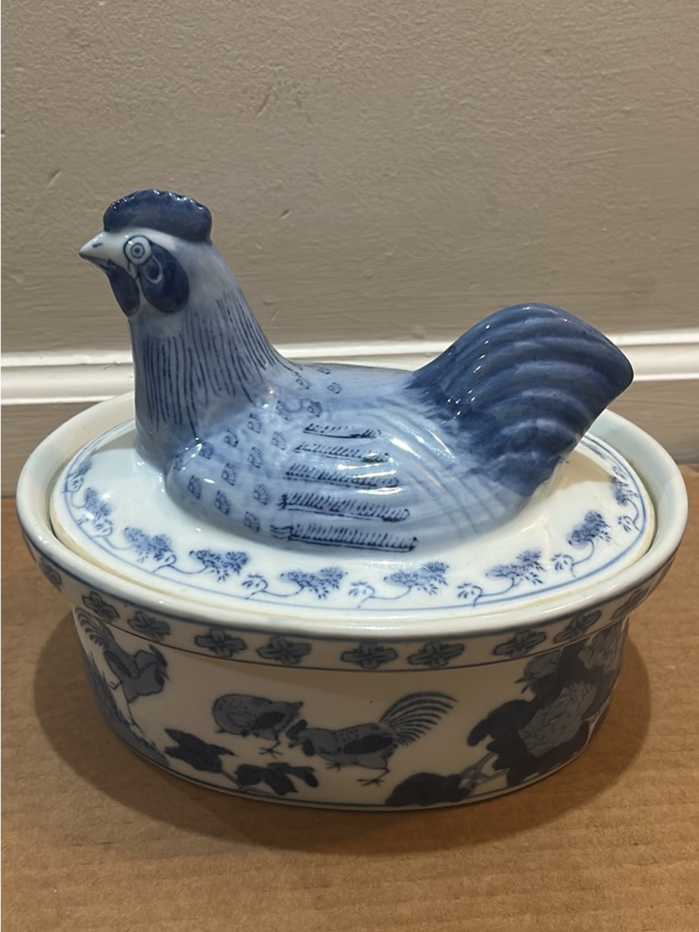 Vintage Blue and White Ceramic Hen Covered Dish